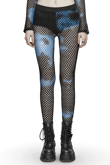 Stylish Women's Fishnet Mesh Leggings in Black-Blue